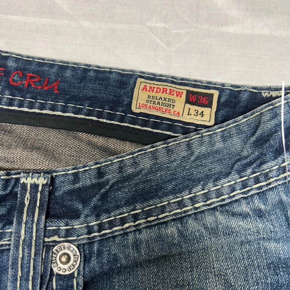 Rivet De Cru Andrew Mens wide leg Blue Jeans Thick Stitch 36x34 Faded